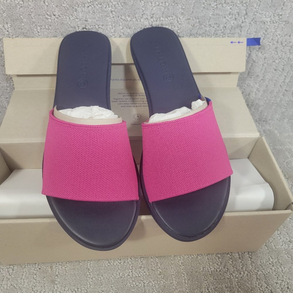 Rothy's Pink and Navy Slide Sandals